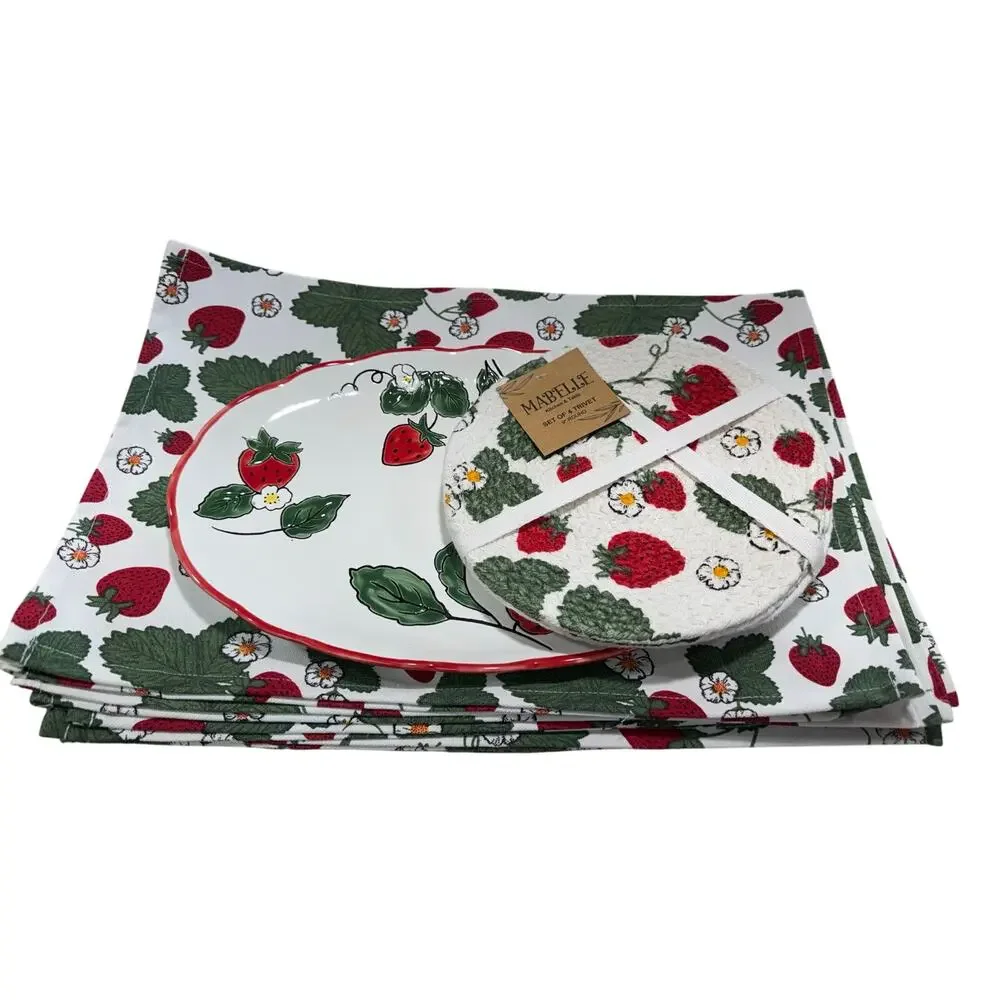 Mabelle Kitchen & Table Strawberry Ceramic Platter 4 Trivets 8 Placemats Set